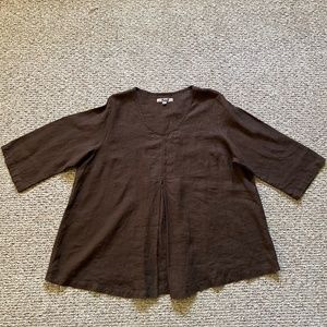FLAX Designs 2G/2X linen tunic blouse v-neck, 3/4 sleeves, gorgeous, Dk Brown